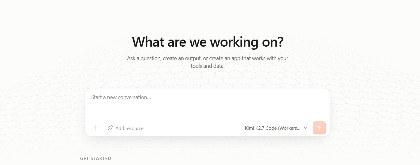 The Cloudflare OS workspace, showing a simple conversation box under the heading "What are we working on?" with options to add a resource and choose an AI model