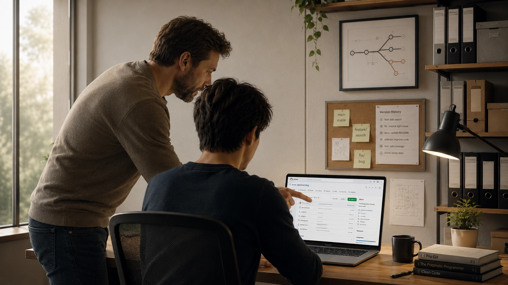 A person sitting at a laptop looking at a GitHub repository page, with someone pointing at the screen beside them