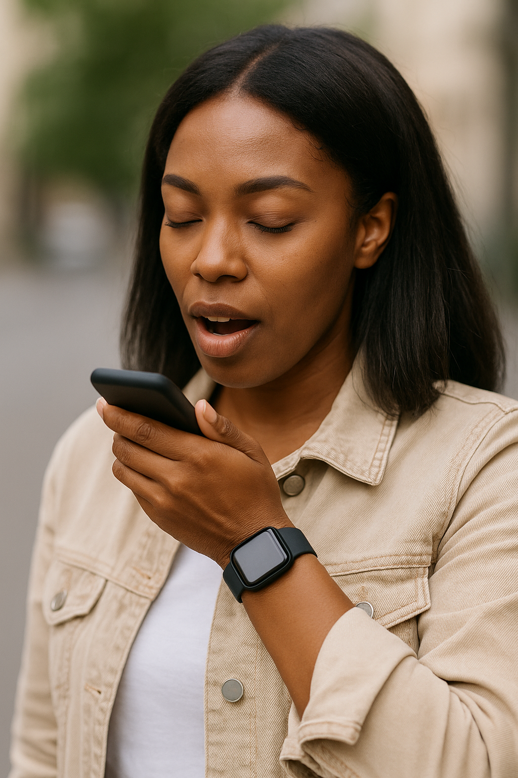 Woman using smartwatch for voice search