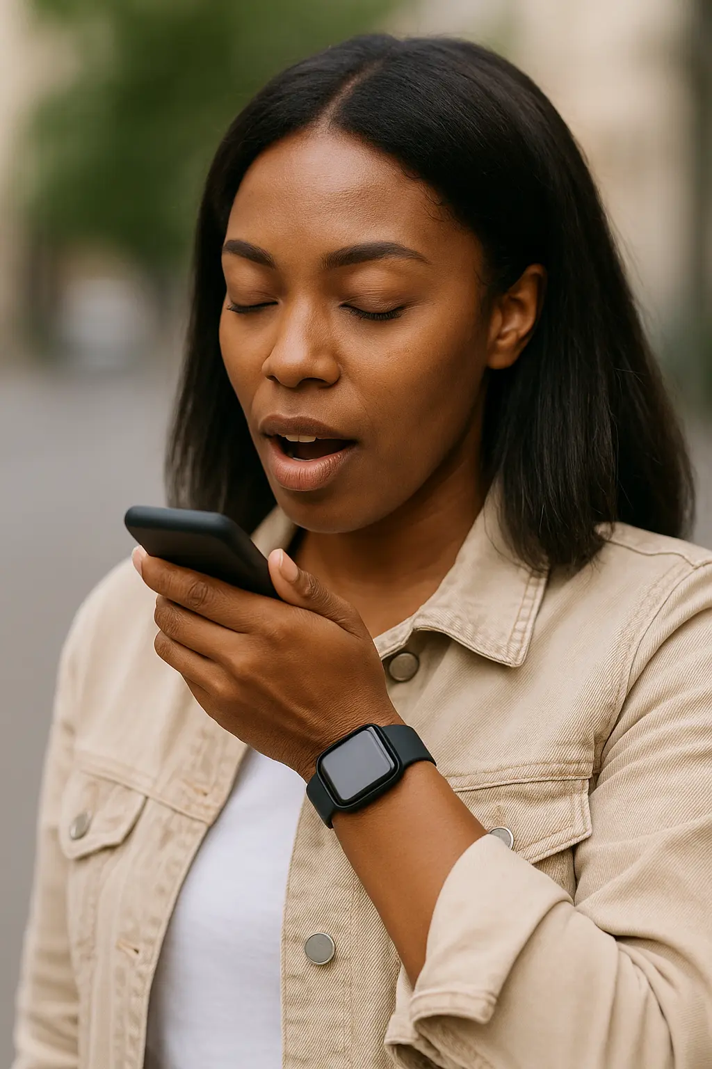 Woman using smartwatch for voice search