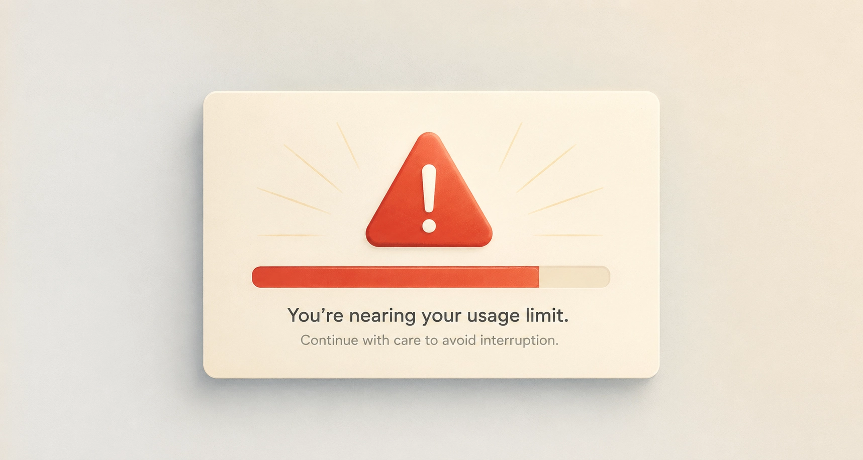 A card illustration reading "You're nearing your usage limit, continue with care to avoid interruption" with a red warning icon and a progress bar